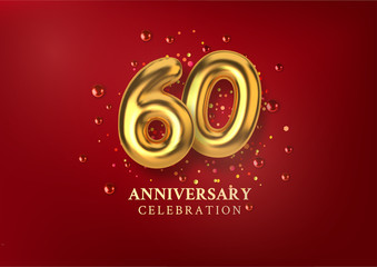 60th Anniversary celebration. Number in the form of golden balloons. Realistic 3d gold numbers and sparkling confetti, glitters. Horizontal template for Birthday or wedding event. Vector illustration