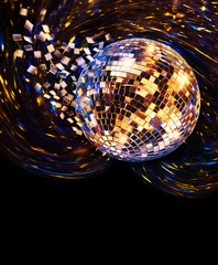 Golden disco mirror ball turning and breaking into fragments