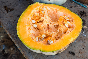 Close up half of freshly cut pumpkin