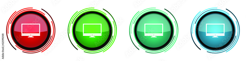 Poster Screen round glossy vector icons, monitor, display, computer set of buttons for webdesign, internet and mobile phone applications in four colors options isolated on white background