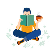 Literary fan. Teenage boy loving of literature reads a book and drinks tea or coffee. Young man with a book in his hand. Hand drawn cartoon character on a white background. Scandinavian illustration.