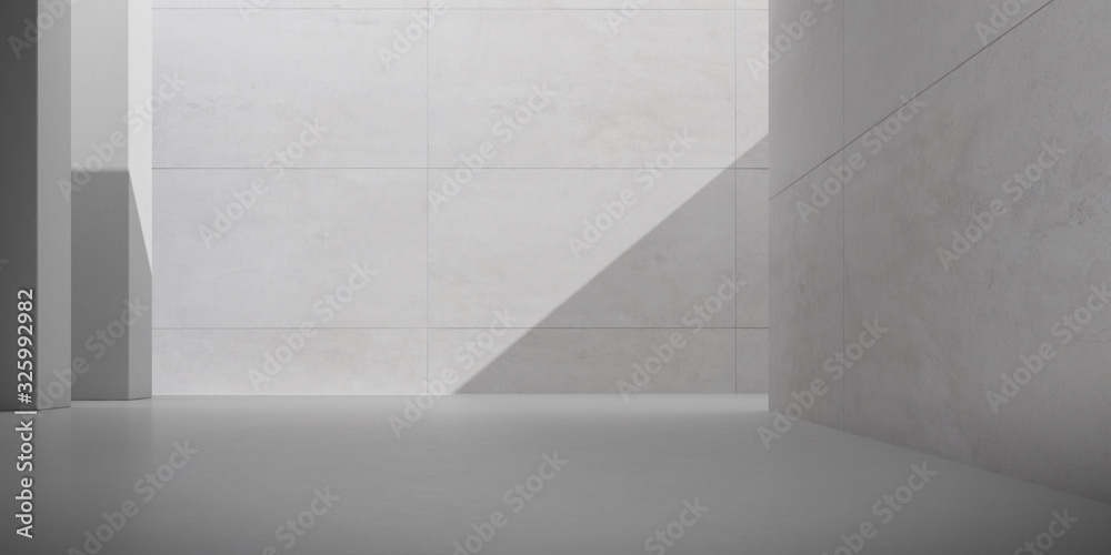 Poster Abstract of architecture space with rhythm of concrete block with sun light cast shadow on the wall. Cement texture. 3D rendering.