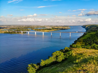 View of steppe and a modern bridge over upper river Don in Russia in summer