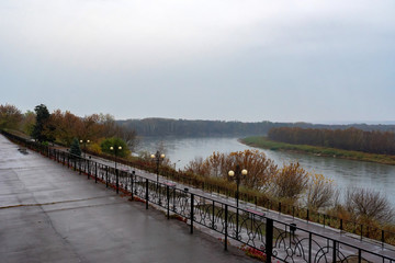Vyoshenskaya embankment of river Don on rainy day