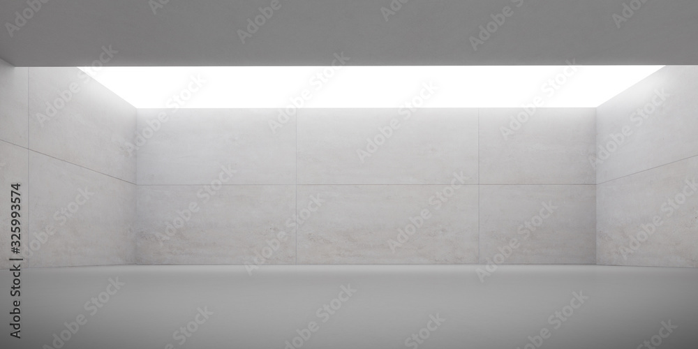 Poster Abstract of architecture space with rhythm of concrete block with sun light cast shadow on the wall. Cement texture. 3D rendering.