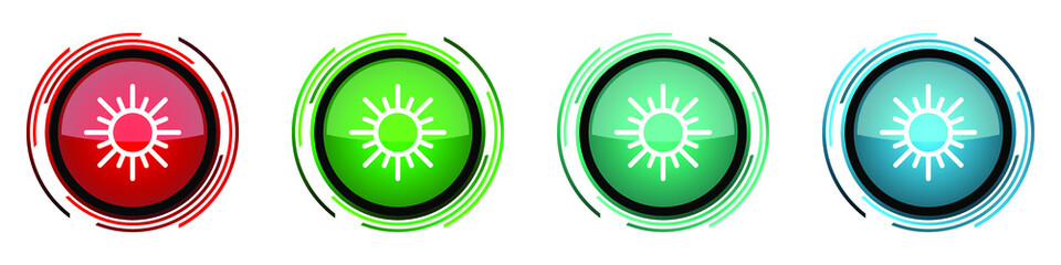 Sun round glossy vector icons, set of buttons for webdesign, internet and mobile phone applications in four colors options isolated on white background