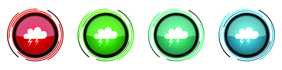 Storm round glossy vector icons, set of buttons for webdesign, internet and mobile phone applications in four colors options isolated on white background