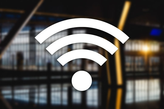 Public Wifi Network Background. Internet Symbol. Smart Phone Internet Connection. Architecture Of Airport Big Shopping Mall In The Background.