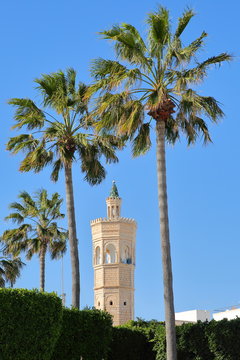 Close-up on the minaret of Soliman Hamza mosque surrounded by palm trees in the city of Mahdia, Tunisia