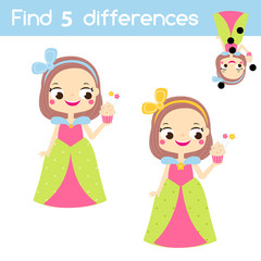 Find the differences educational children game. Kids activity with sweet princess girl