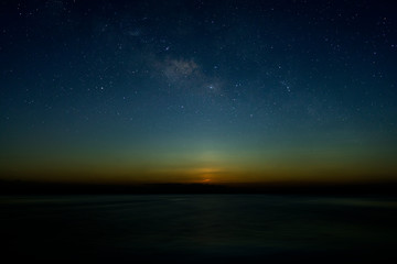 The sky with star at the lake in the twilight after sunset.