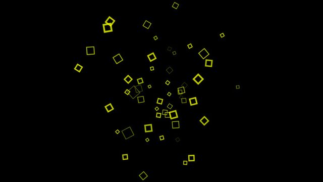 Colored squares splash out and spread out on black background. Animation. Square frames appear as outliers and spread out on black background