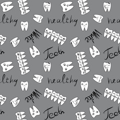 Cute little teeth with different emotions on a white background. Seamless pattern