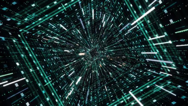 Cyber square tunnel with neon stripes. Animation. Hypnotic effect of diving into cyber space through tunnel with neon stripes and stream of shining lines
