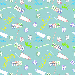 Cute little teeth with different emotions on a white background. Seamless pattern