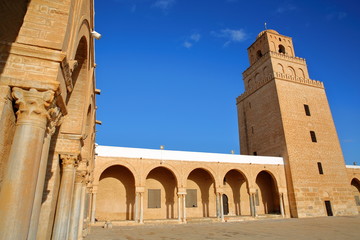 The courtyard of the Great Mosque of Kairouan, Tunisia, with columns and the minaret