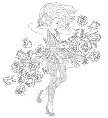Beautifull dancing girl in a patterned dress for coloring book for adults drawn in zentangle style