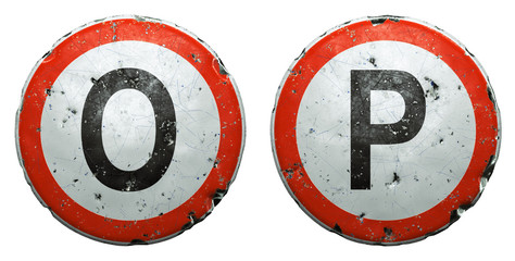 Set of public road signs in red and white with a capitol letters O, P in the center isolated on white background. 3d