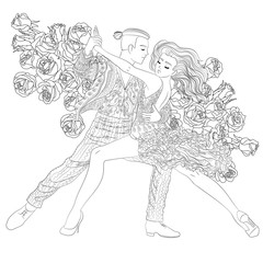 Beautifull dancing couple in a patterned outfit for coloring book for adults drawn in zentangle style