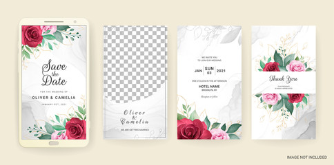 Electronic wedding invitation card template set with watercolor and gold floral. Flowers illustration for social media stories, save the date, greeting, rsvp, thank you, poster
