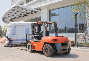 forklift is lifting train head white color for driving simulation