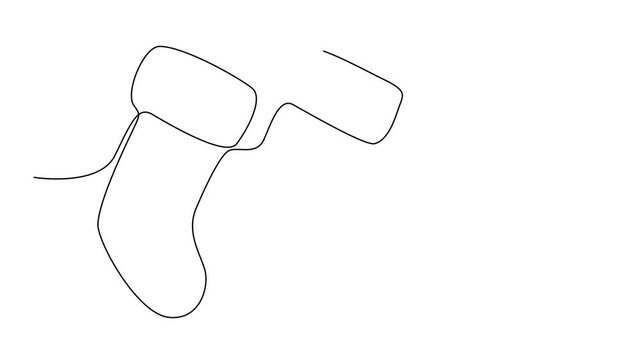 Self drawing simple animation of single continuous one line drawing of three christmas socks. Drawing by hand, black lines on a white background.