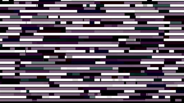 Abstract horizontal parallel rows of short lines moving into the different directions on black background, seamless loop. Animation. Purple and white segments appear and flow fast.