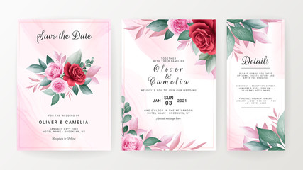 Wedding invitation card template set with watercolor floral border. Flowers decoration for save the date, greeting, rsvp, thank you, poster, cover, etc. Botanic illustration vector