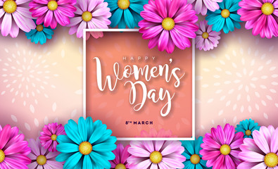 8 March. Women's Day Celebration Design with Flower and Typography Letter on Pink Background. Vector International Holiday Illustration Template for Banner, Flyer, Invitation, Poster or Greeting Card.
