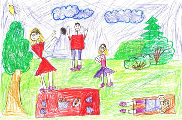 Obraz na płótnie Canvas Child drawing of a happy Sports Family with kids,having fun outdoor