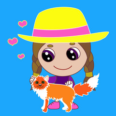 emoji with chibi girl in a yellow hat stroking a ginger cat, color vector emoticon illustration
