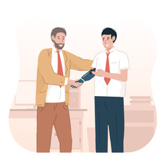 Obraz premium Businessman with prosthetic hand shaking hands. Man with disabilities working