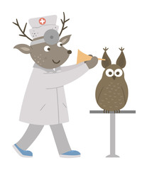 Vector animal doctor treating patient. Deer checking owl’s ears. Cute funny characters. Medicine picture for children. Hospital scenes isolated on white background.