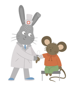 Vector animal doctor treating patient. Rabbit applying bandage to mouse’s hand. Cute funny characters. Medicine picture for children. Hospital scenes isolated on white background.