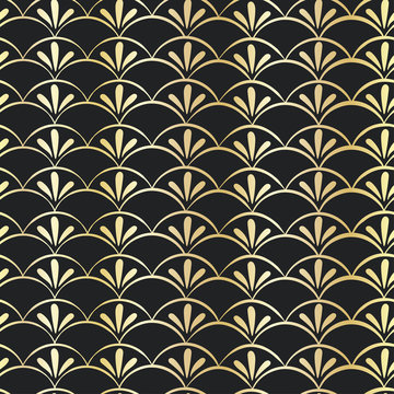 Elegant hand drawn art deco seamless pattern, abstract gold background, great for textiles, banners, wallpapers, wrapping - vector design