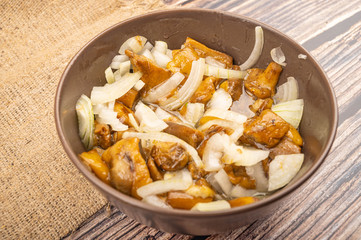 Salted mushrooms with onions in a ceramic bowl on a wooden background. Homemade preparations, rustic treats. Close up.