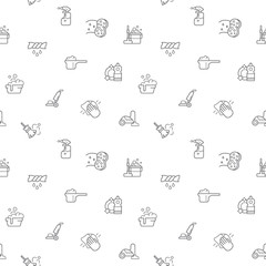 Seamless pattern with household chores and housework icon on white background. Included the icons as cleaning, broom, detergent, pad, spin-dry and other elements.