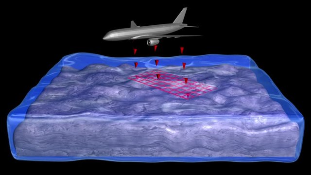 Aerial LIDAR on airplane in sky as it flies over sea , scanning underwater mountains , land terrain. It creates a visible red grid below water surface during flyover. 3d rendering 