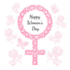 Greeting card Happy Women's Day. Silhouette of a female symbol of Venus, roses, butterflies from elements of ornament.