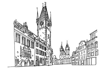 Fototapeta premium Vector sketch of Prague Orloj - medieval astronomical clock mounted on Old Town Hall, Prague, Czech Republic, Europe.