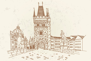 Vector sketch of Old Town Bridge Tower of Charles Bridge in Prague, Czech Republic.