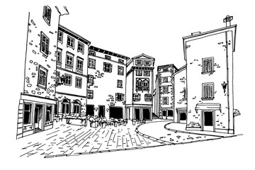 vector sketch of street scene in Rovinj. Croatia.