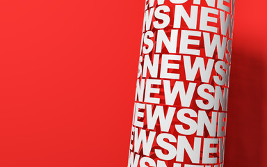 White tube made of news letters on the red background with copy space.