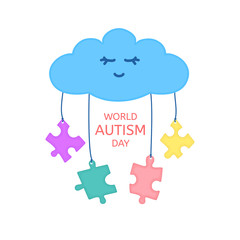 Autism awareness illustration of a cloud with hanging jigsaw puzzle pieces on white background. Solidarity and support vector poster. Healthcare and medical concept. 