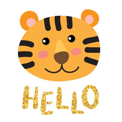 Cute tiger face with a crown and inscriptoin hello