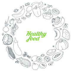 Vector hand drawn fruits and vegetables background with place for text illustration.