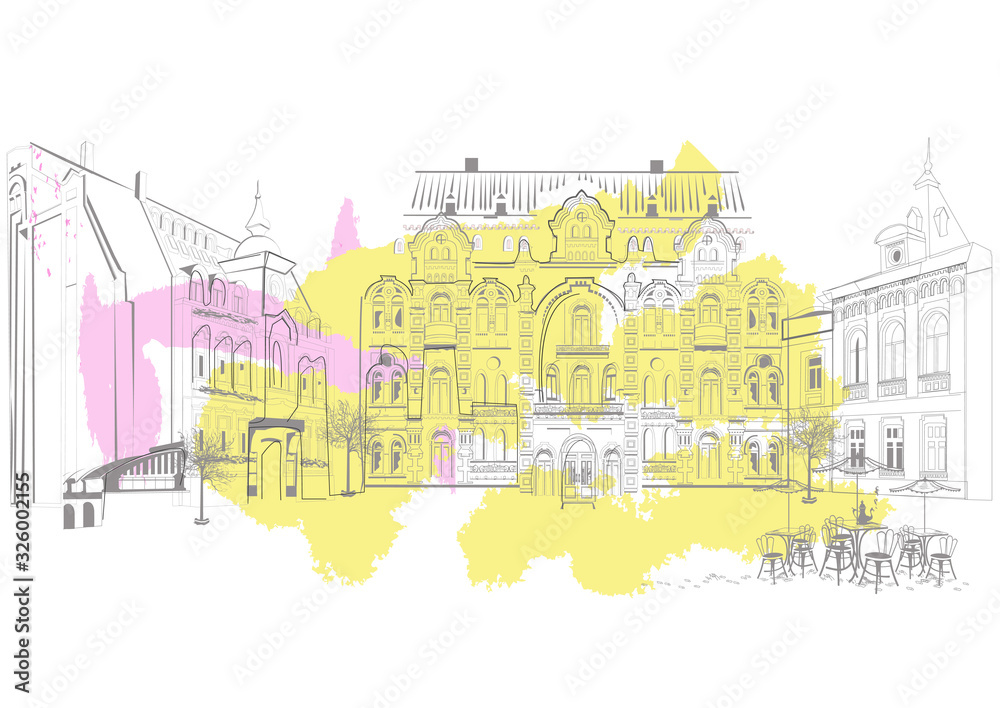 Wall mural series of street views in the old city. hand drawn vector abstract architectural background with his