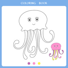 Simple educational game for kids. Illustration of jellyfish for coloring book