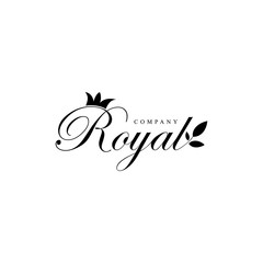 Elegant Royal Crown Logo Design with Lettering and Calligraphy, Minimalist Vector Symbol for Luxury Brand, Corporate Identity, and Elegant Greeting Concept, Modern Typography and Leaf Element
