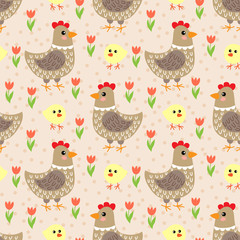 Cute cartoon hen and chicken